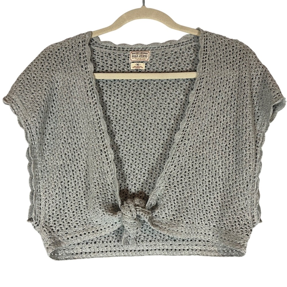 Ralph Lauren Polo‎ Jeans Vintage Crochet Crop Shrug Sz M Cotton Tie Front Bolero